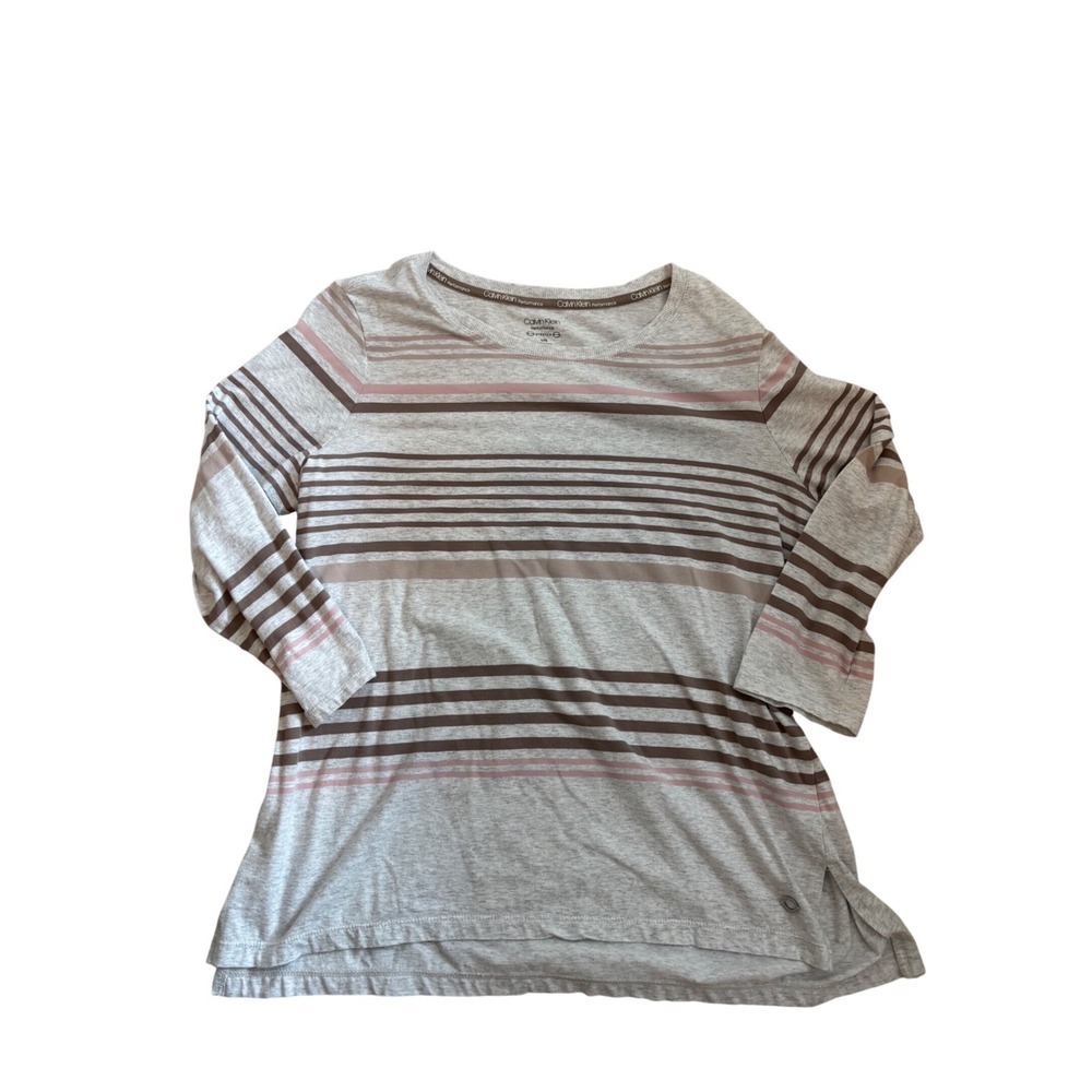 Calvin Klein Performance Top Women Large Grey Striped 3/4 Sleeve Stretch Casual